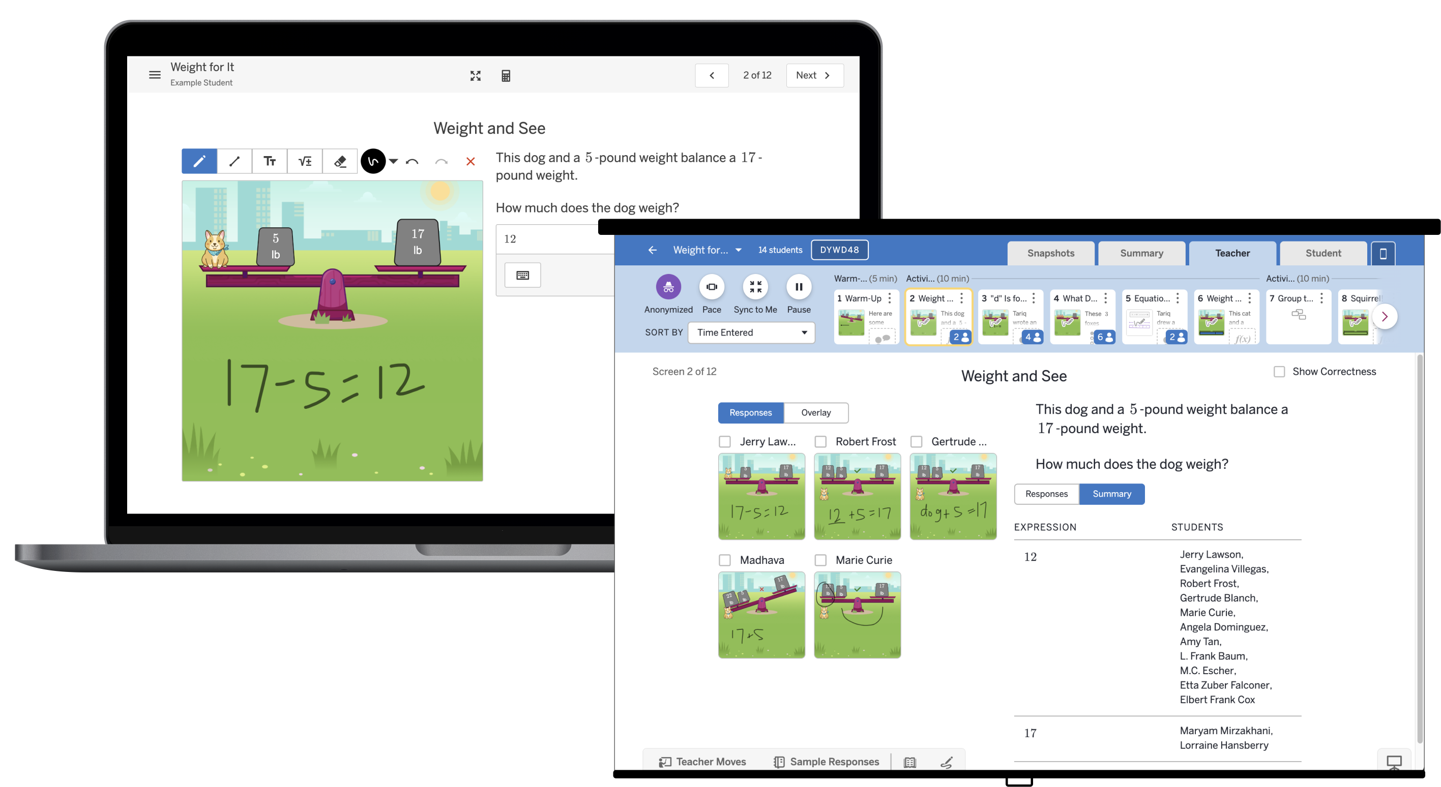 Amplify Classroom activity about weights on a seesaw.