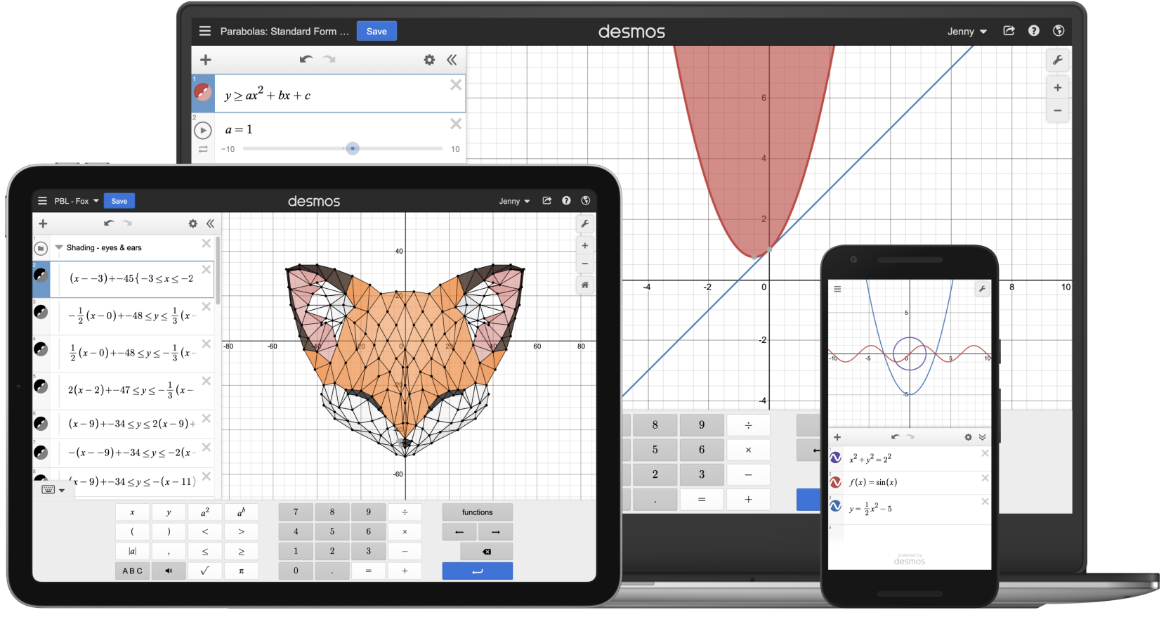Desmos graphing calculator shown on desktop, tablet, and mobile